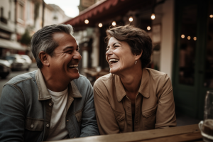 Relationship Coaching. A happy couple in a in a street side cafe, symbolizing the growth of attraction